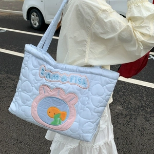Light blue quilted puffer tote bag with fish embroidery and large capacity for women