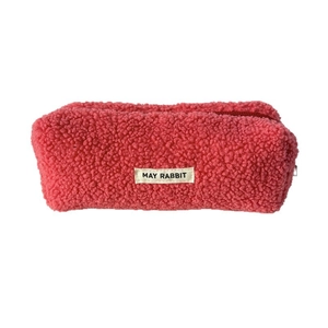 Pink plush teddy fleece pencil case with zipper and May Rabbit label for students
