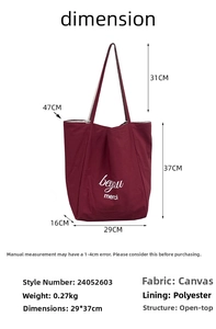 Guide des tailles du sac cabas en toile avec mesures de hauteur, largeur et bandoulière