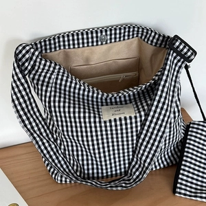 Large black and white gingham canvas tote bag with matching coin purse and magnetic closure
