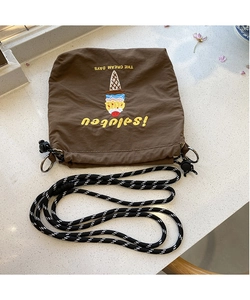 Detail of brown drawstring canvas bag with ice cream embroidery and braided rope strap