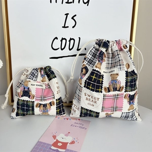 Checkered bear canvas drawstring storage bag set with large and small organizer pouches