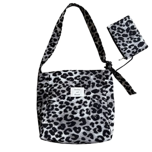 Grey leopard print canvas tote bag with matching coin purse and retro text label