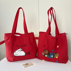 Cute Cartoon Rabbit Embroidery Women Shoulder Tote Bag Large Capacity Canvas Nylon Casual Shopping Travel Student Handbag
