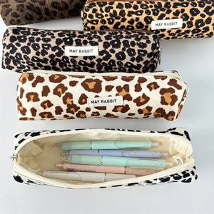 Top view of large capacity corduroy pencil case with leopard print showing spacious interior