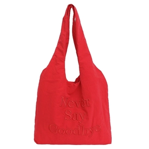 Minimalist red nylon tote bag with Never Say Goodbye embroidery and large capacity