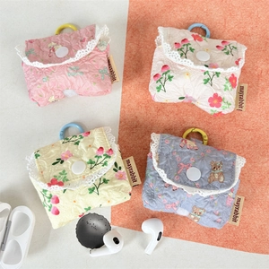 Quilted floral earphone case with lace trim and hook, cute striped headphone storage bag