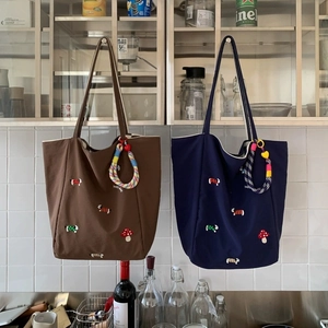Women Canvas Tote Bag Large Capacity Reversible Cartoon Dog Mushroom Embroidery Japanese Style Literary Handbag With Charm