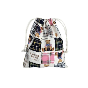 Plaid bear canvas drawstring storage bag with large capacity and dustproof travel design