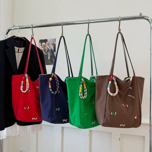 Japanese mushroom embroidery canvas tote bag with woven handles and happy day slogan
