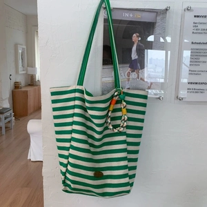 Japanese style large capacity green striped canvas tote bag with woven knot charm