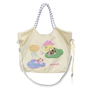 Borsa tote leggera beige crema con coulisse e ricamo di cucciolo di cartone animato