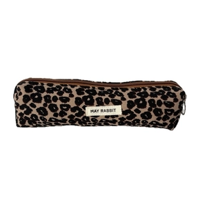 Large capacity vintage corduroy pencil case with leopard print and MAY RABBIT label