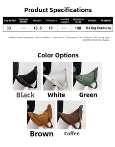 Corduroy dumpling bag size guide and dimensions showing multiple color options