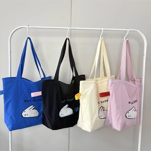 Cute rabbit embroidered canvas tote bag with drawstring in four pastel colors