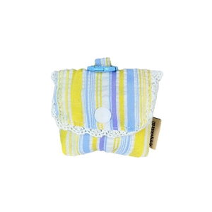 Striped earbud case with lace trim and clip-on hook for versatile accessory storage
