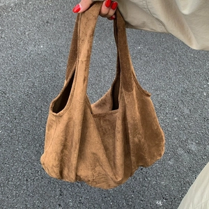Brown large capacity suede tote bag for women, retro city style shoulder handbag