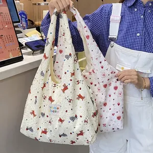 Large Capacity Tote Bag Polyester Chiffon Waffle Texture Cartoon Dog Bunny Prints Casual Shopping Shoulder Handbag For Women
