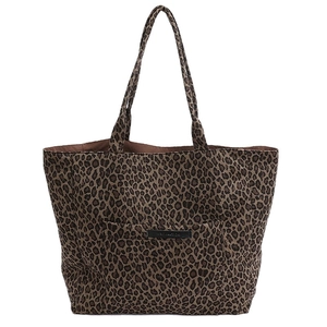 Large leopard print tote bag with outer pocket and Have A Nice Day patch details