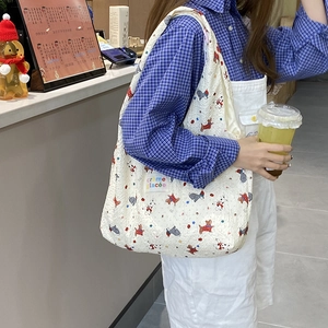 Summer cartoon embossed canvas tote bag featuring cute dogs for shopping and students