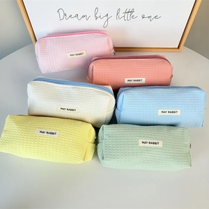 Waffle Weave Pencil Case Large Capacity Polyester Stationery Pouch Zippered Makeup Bag For Students Girls Korean Style