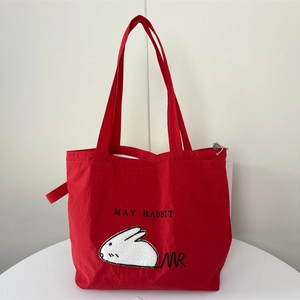 Red nylon tote bag with rabbit embroidery and large capacity for daily shopping