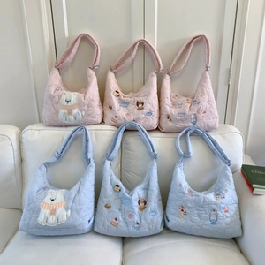 Cute Heart Quilted Shoulder Bag Large Capacity Nylon Hobo Tote With Cartoon Animal Embroidery For Women Girls Daily