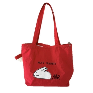 Red large capacity nylon tote bag with cartoon rabbit embroidery and long shoulder handles