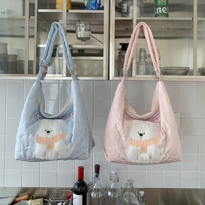 Quilted heart pattern tote bag with cartoon puppy embroidery in pink and blue colors