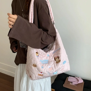 Pink quilted tote bag with cute cartoon embroidery and large capacity for daily commuting