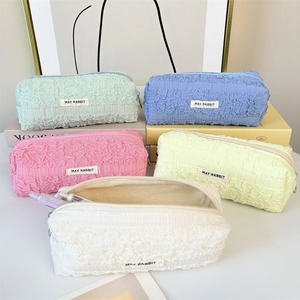 Large capacity pleated pouch in macaron colors for stationery and makeup storage