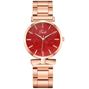 Elegant rose gold stainless steel watch with a deep red leaf texture dial for women
