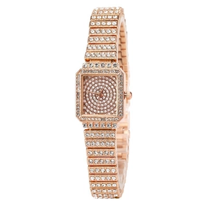 Elegant rose gold square women's watch featuring a crystal-encrusted bezel and steel band