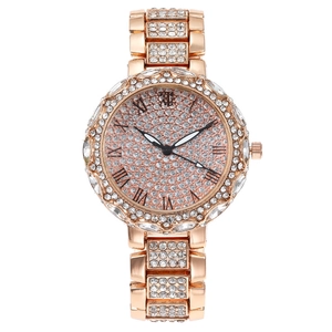 Montre Femme Quartz De Luxe Strass Complet Bracelet Alliage Cadran Chiffres Romains Mode Élégant Cristal Étincelante