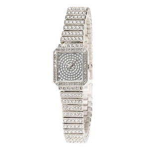Luxury square quartz watch for women with full crystal encrusted steel band and dial