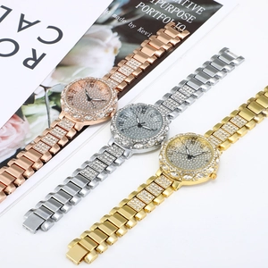 Montre à quartz luxe sertie de strass en or rose, argent et or avec chiffres romains