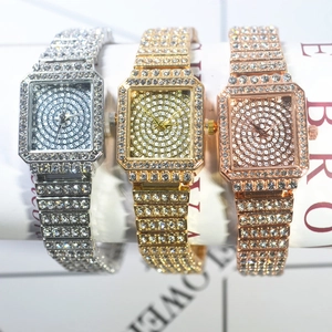 Luxurious iced-out square quartz watches with full rhinestones in silver gold and rose gold