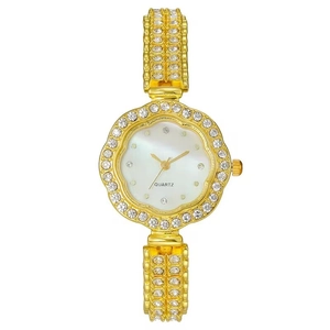 Elegant gold flower-shaped women's quartz watch with sparkling rhinestones and pearl dial