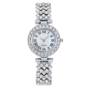 Silver luxury women quartz watch with crystal rhinestones and Roman numeral dial
