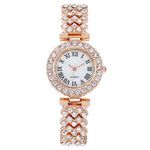 Women Quartz Watch Encrusted Rhinestone Alloy Strap Roman Numeral Dial Round Case Elegant Fashion Ladies Wristwatch