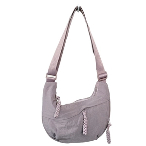 Minimalist light purple nylon crescent crossbody bag with pleated texture and multiple pockets
