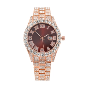Luxury rose gold men's quartz watch with burgundy dial and diamond-encrusted steel strap