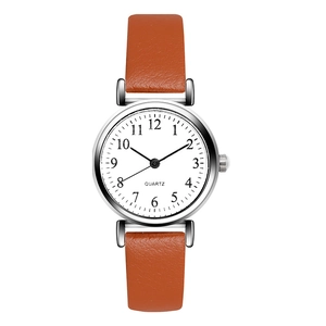 Classic quartz watch with brown leather strap, silver metal case and white dial numbers