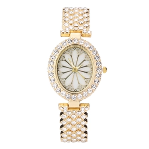 Women Quartz Watch Luxury Alloy Rhinestone Fully Iced Out Steel Band Floral Daisy Dial Jewelry Bracelet Fashion Elegant