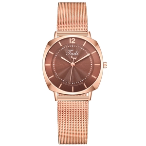 Women's rose gold mesh quartz watch with brown sunray textured dial and numeric marker