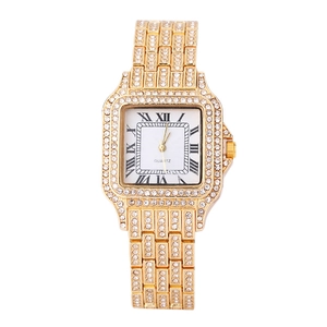 Elegant gold square quartz watch for women with sparkling rhinestones and Roman numerals