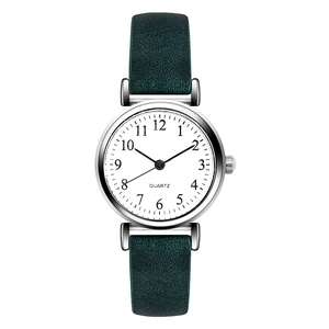 Minimalist women quartz watch with dark green leather strap and silver round dial
