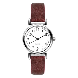 Minimalist women's quartz watch with a white dial and deep red textured leather strap