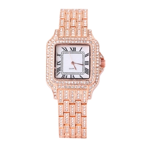 Women Quartz Watch Square Alloy Case Full Rhinestone Roman Numerals Minimalist Fashion Wristwatch