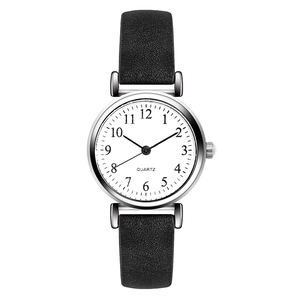 Close-up of minimalist white dial with black Arabic numerals and leather watch strap